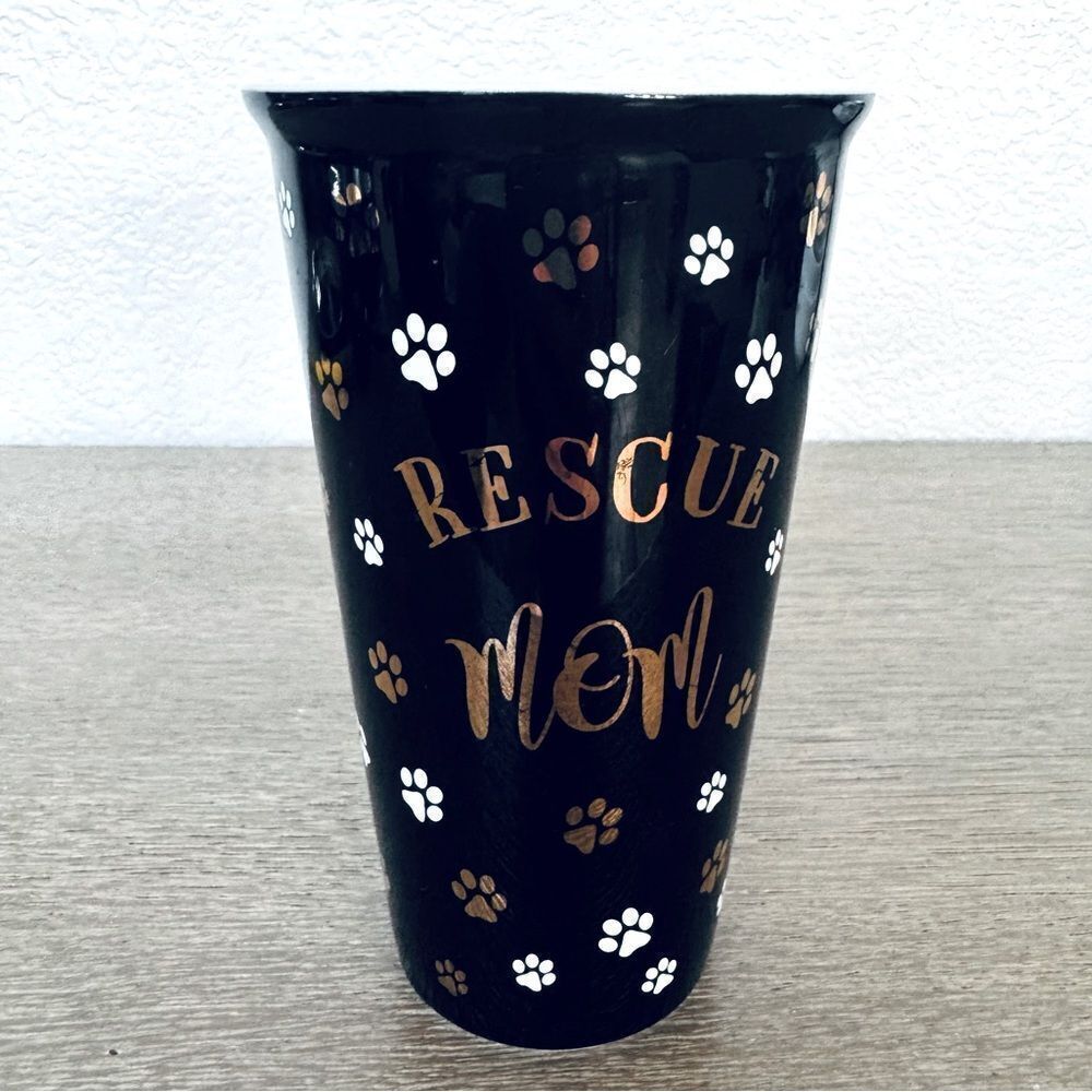 Rescue Mom Black Gold Dog Paw Print Ceramic Tumbler Coffee Mug Cup
